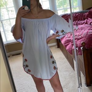 Zara baby blue embroidered off the shoulder dress
